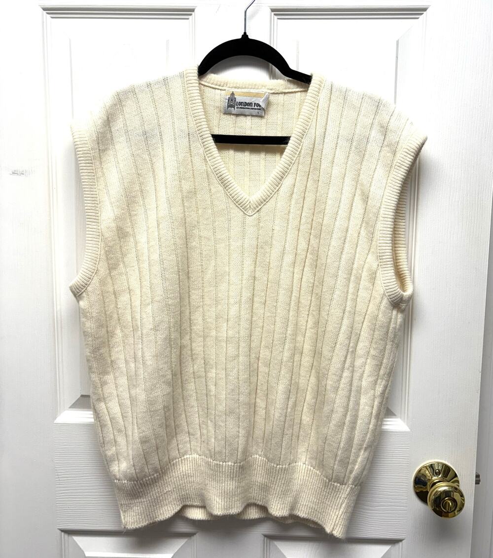 London Fog Vest Vintage Men’s Cream Sweater V Neck Academia Grandpa Made in USA